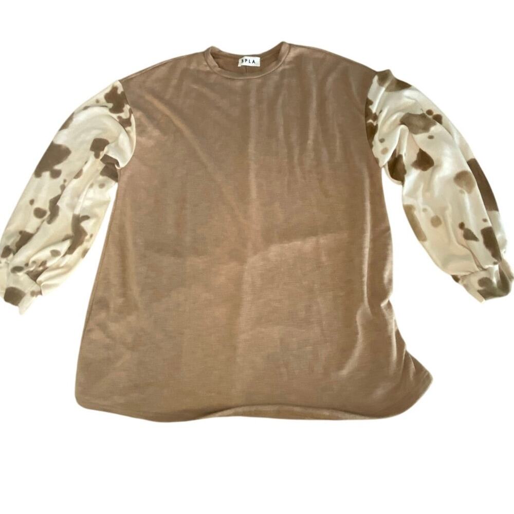 SPLA Tan Cow Print Puff Sleeve T-Shirt | Women's Casual size Large